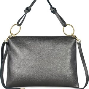 Italian Metallic Calf Leather Shoulder Bag for Women | Rectangular Handbag with Zipper Top Handle & Crossbody Strap