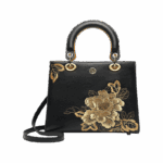 Embroidery Leather Black Lady Bag Gold Peony Luxury Handbag