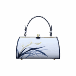 Embroidery Leather Blue Kiss Lock Bag Orchid Cylinder Chain Handbag