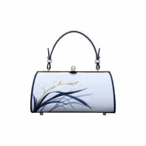 Embroidery Leather Blue Kiss Lock Bag Orchid Cylinder Chain Handbag