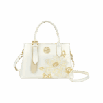 Embroidery Leather Tote Bag White Blooming Peony