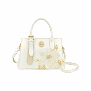 Embroidery Leather Tote Bag White Blooming Peony