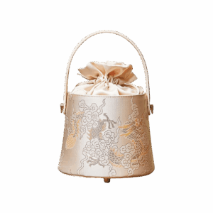 Brocade Jacquard Leather Drawstring Beige Bucket Bag Loong Pattern