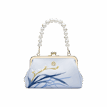 Embroidery Leather Blue Chain Kiss Lock Clutch Handbag Orchid